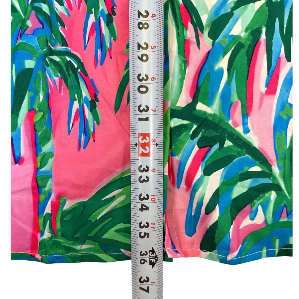 Tropical Palm Print Button Down Shirt Dress Cover up Pink Green Blue Size M - Picture 5 of 6